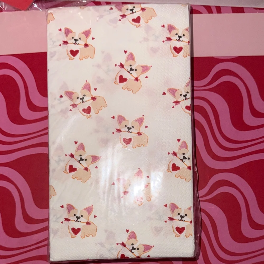 Set of 2 Sealed Valentines Day Napkin Sets Love Hearts & Cupid Corgis